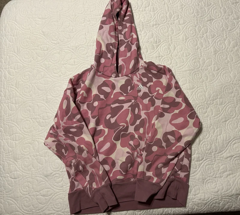 Adidas Girls Pink Camo Loose-Fit Hoodie – XL